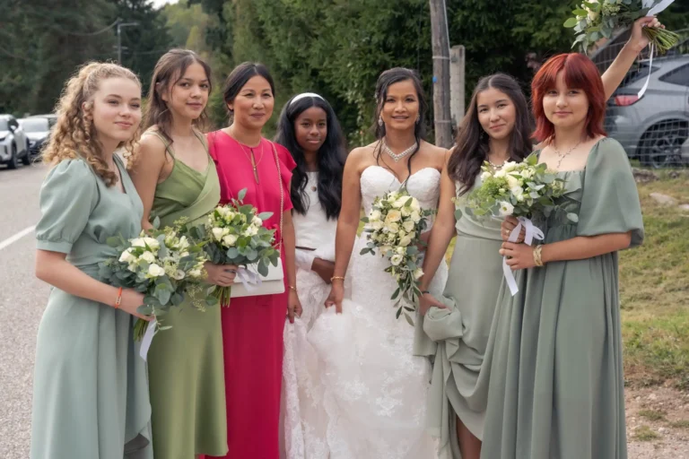 Une mariée entourée de ses proches pour une photo de groupe en extérieur